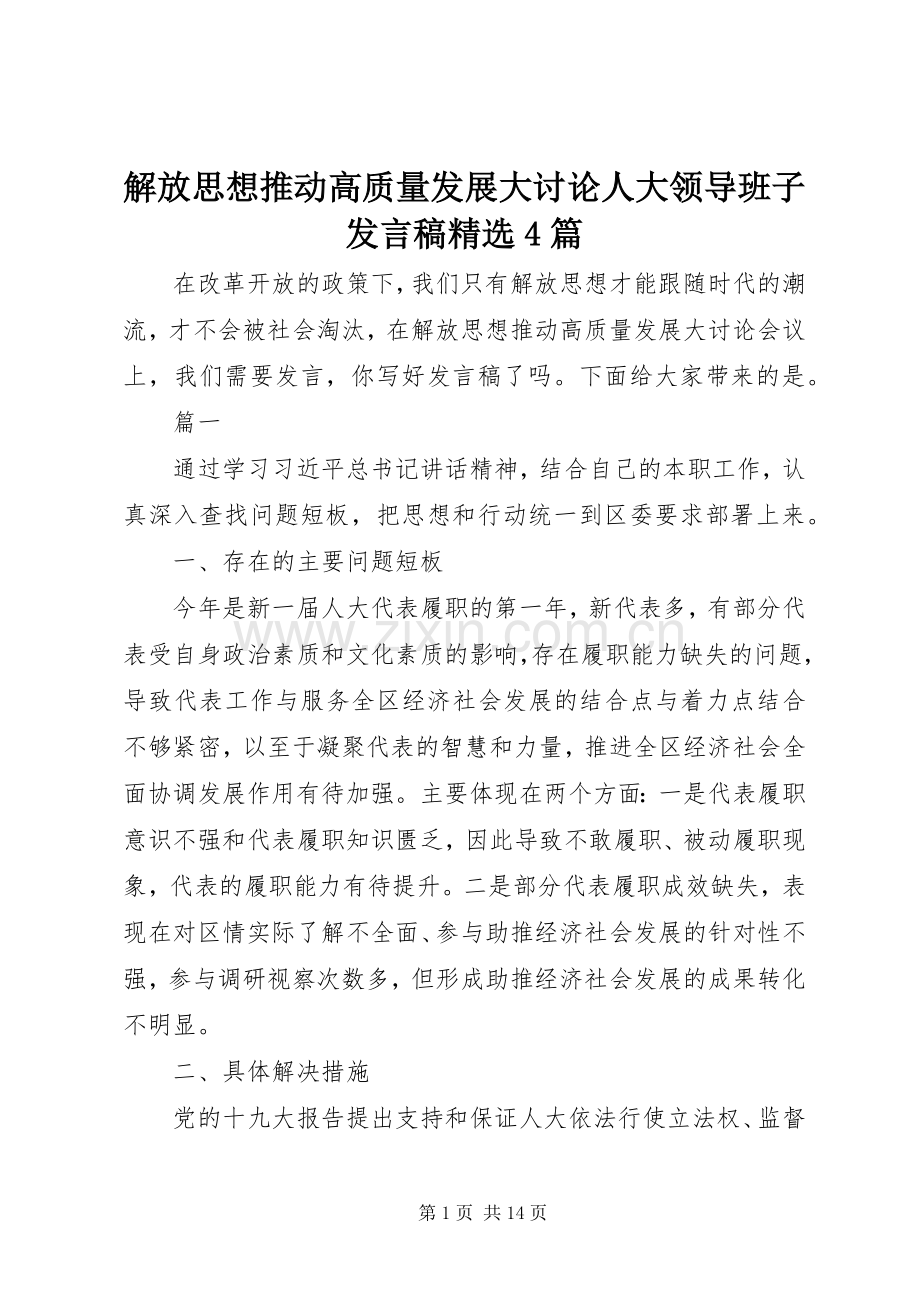 解放思想推动高质量发展大讨论人大领导班子发言稿4篇.docx_第1页