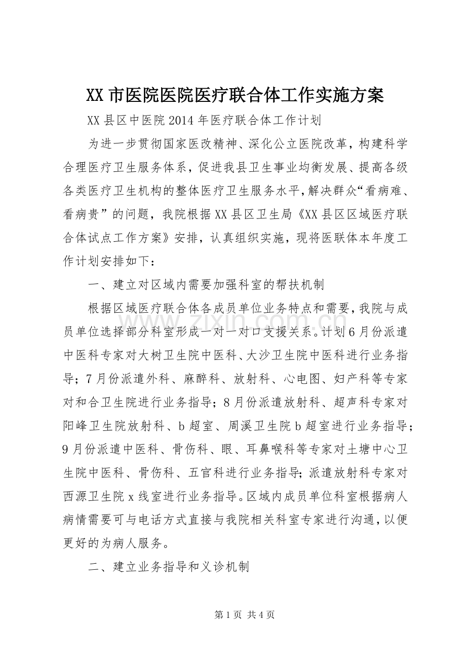 XX市医院医院医疗联合体工作方案 .docx_第1页