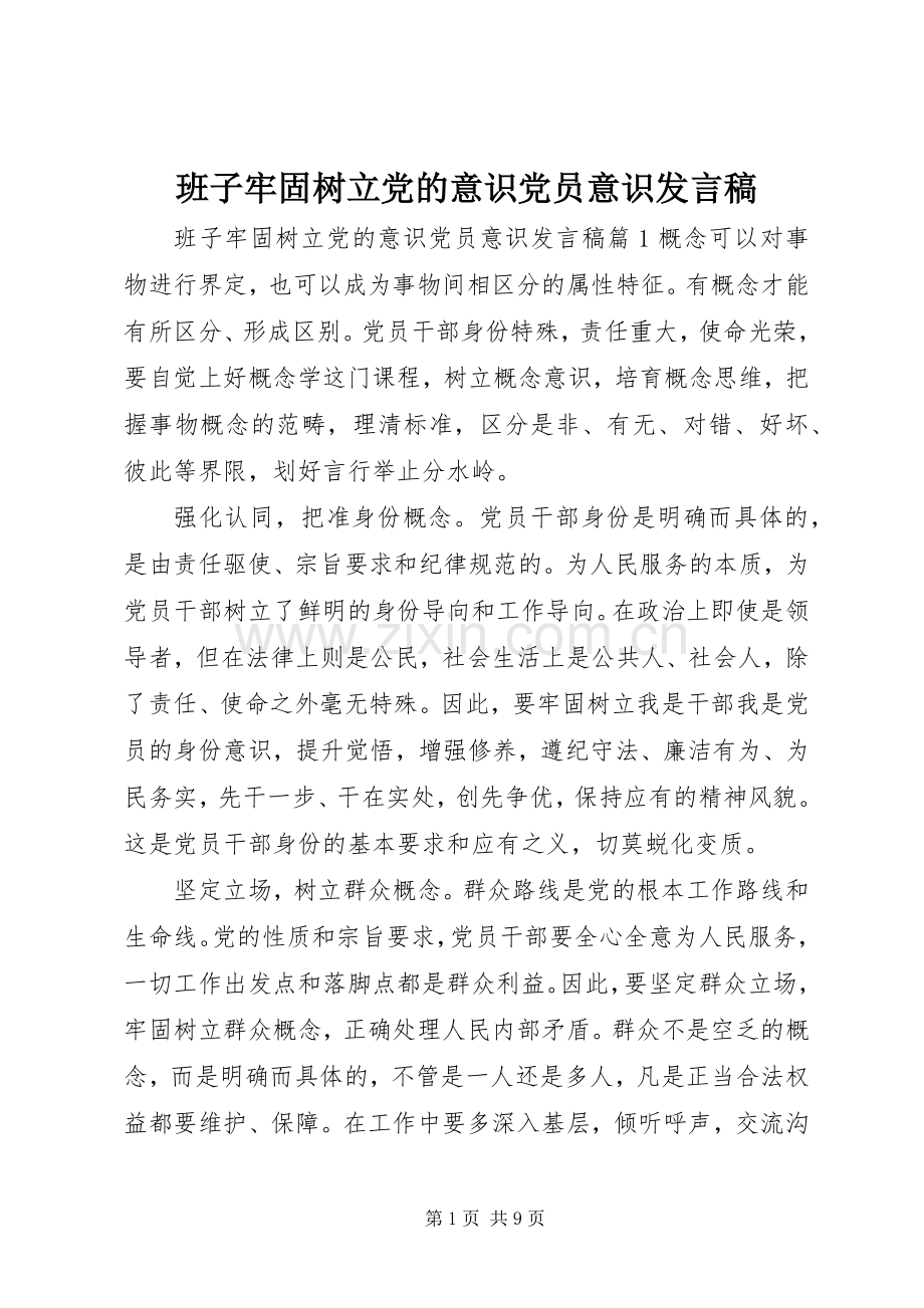 班子牢固树立党的意识党员意识发言稿.docx_第1页