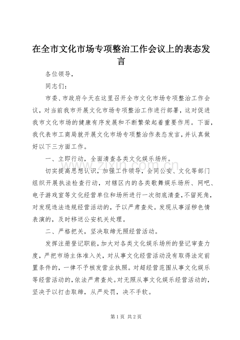 在全市文化市场专项整治工作会议上的表态发言.docx_第1页