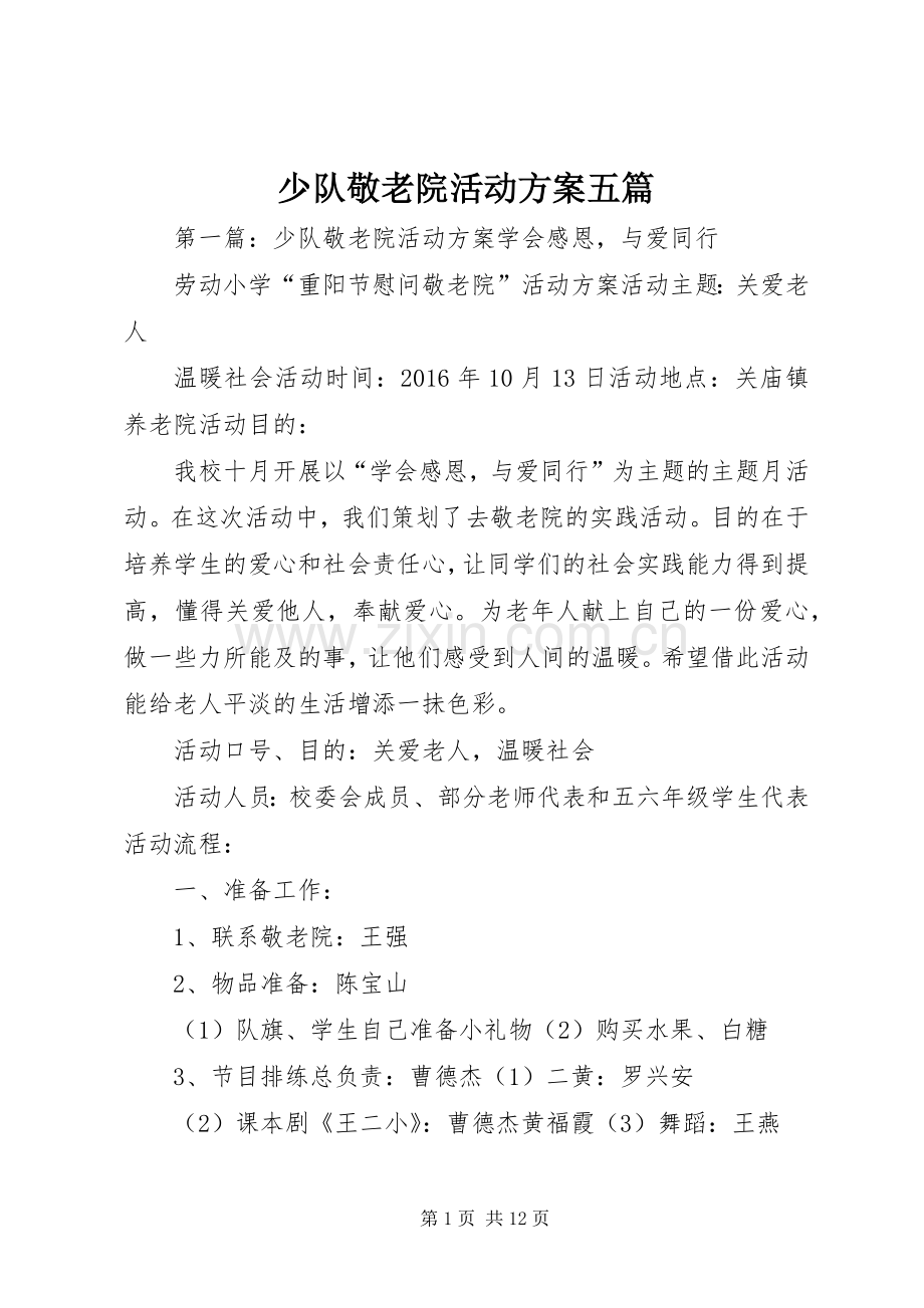 少队敬老院活动实施方案五篇.docx_第1页