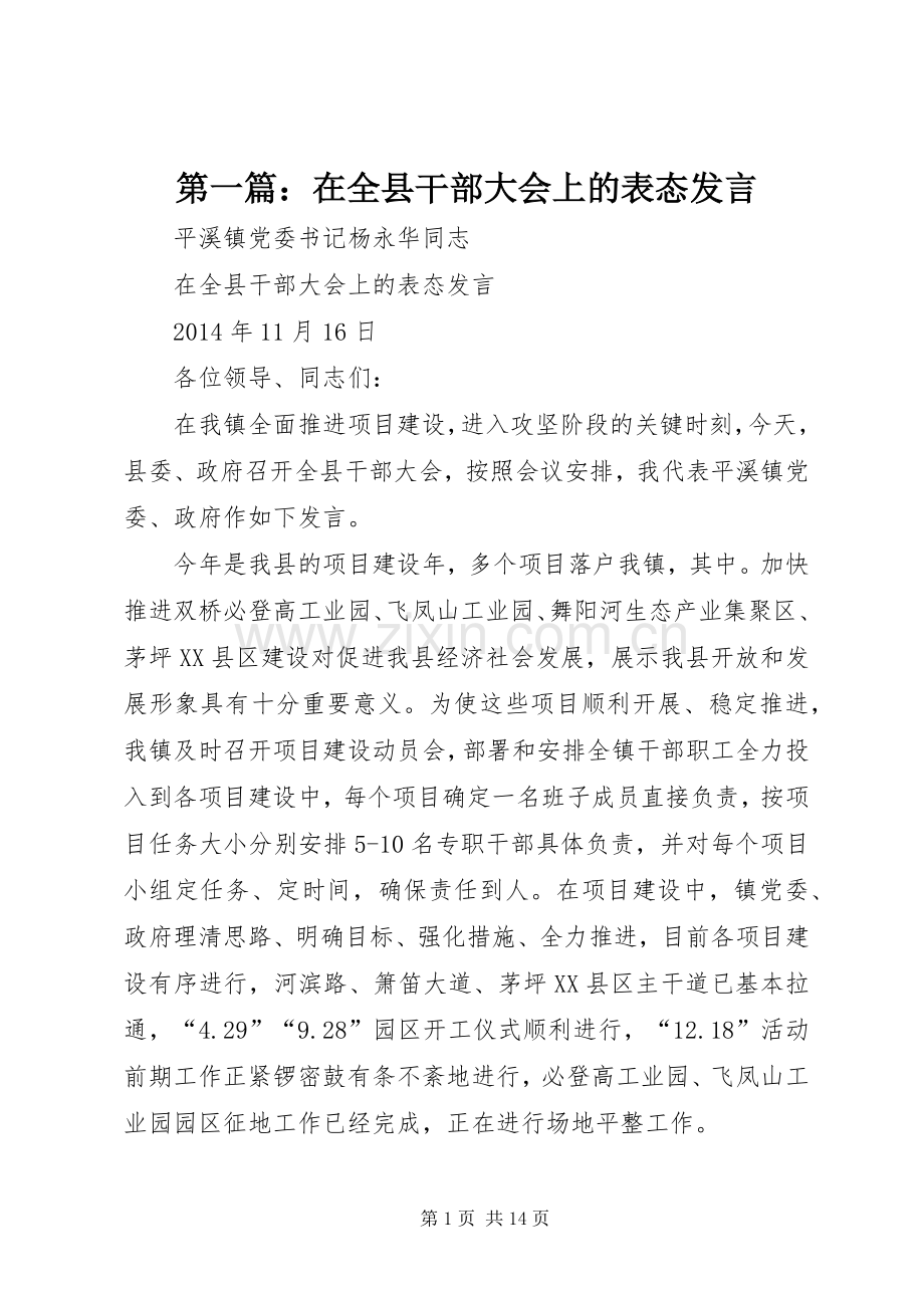 第一篇：在全县干部大会上的表态发言.docx_第1页