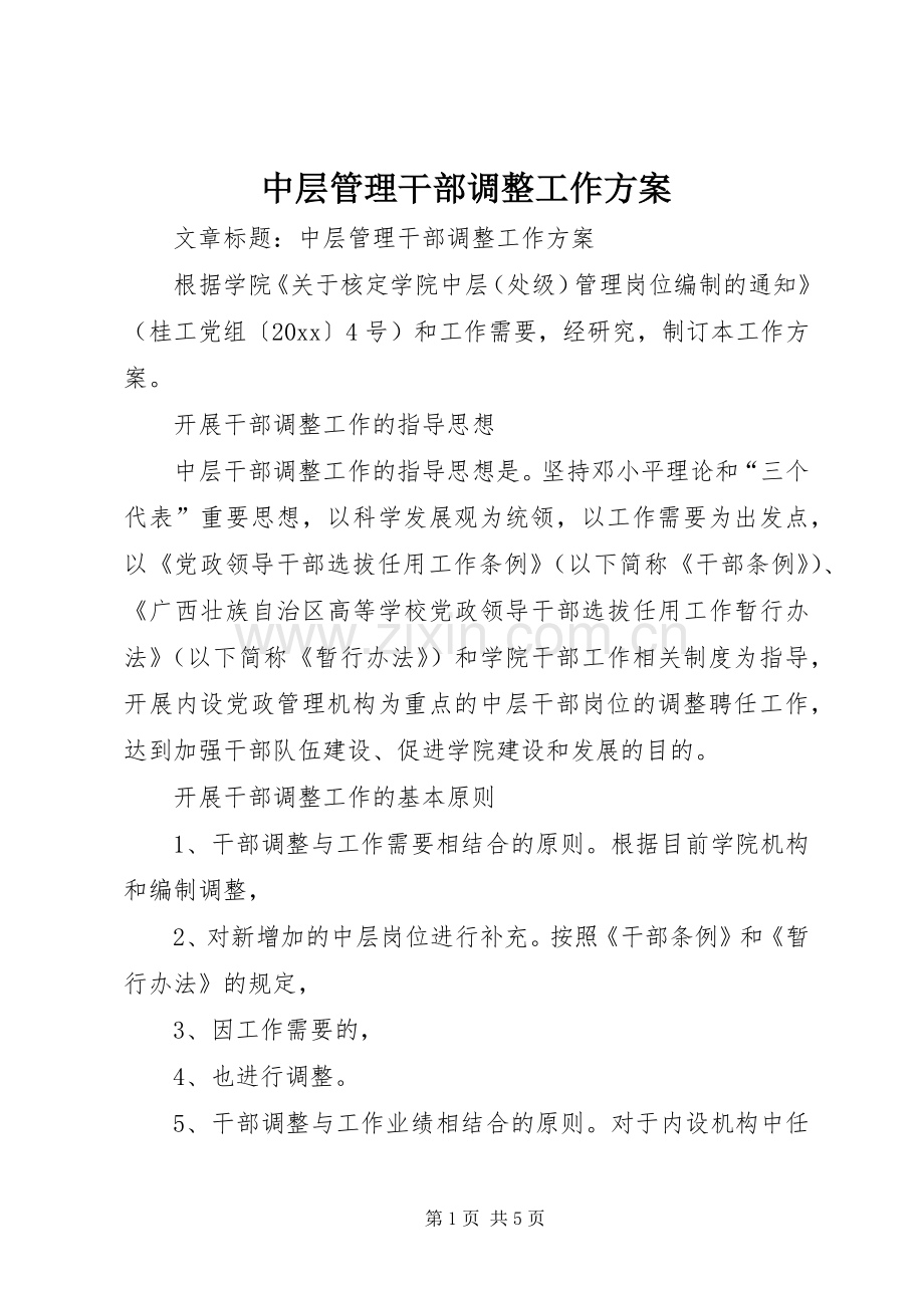 中层管理干部调整工作实施方案.docx_第1页