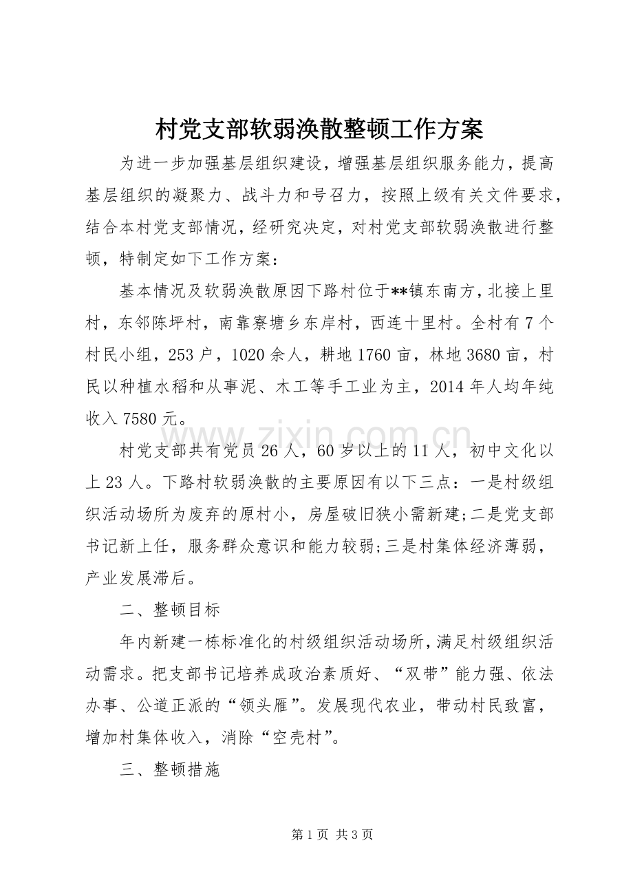 村党支部软弱涣散整顿工作实施方案.docx_第1页