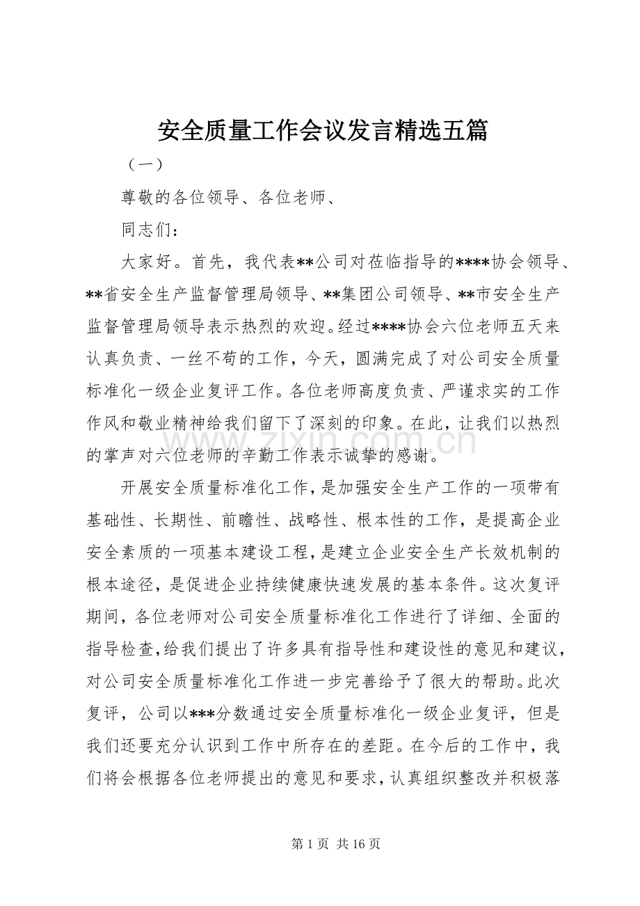 安全质量工作会议发言稿五篇.docx_第1页