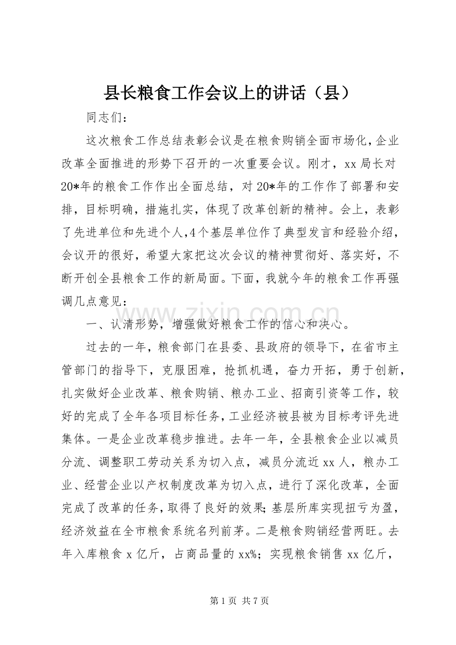 县长粮食工作会议上的讲话（县）.docx_第1页