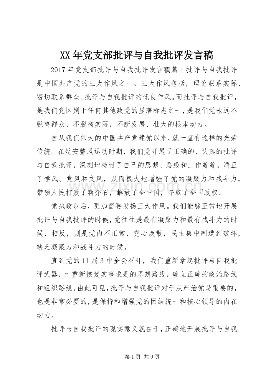 XX年党支部批评与自我批评发言.docx_第1页