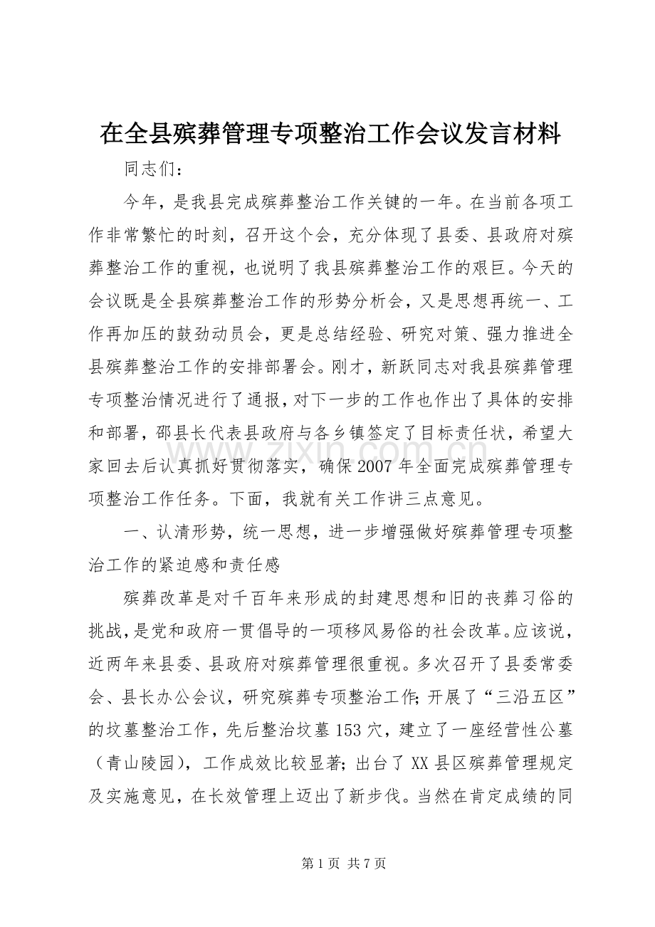 在全县殡葬管理专项整治工作会议发言材料提纲.docx_第1页