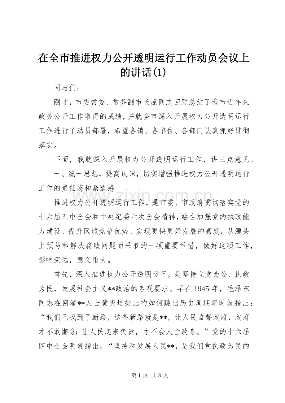 在全市推进权力公开透明运行工作动员会议上的讲话(1).docx_第1页