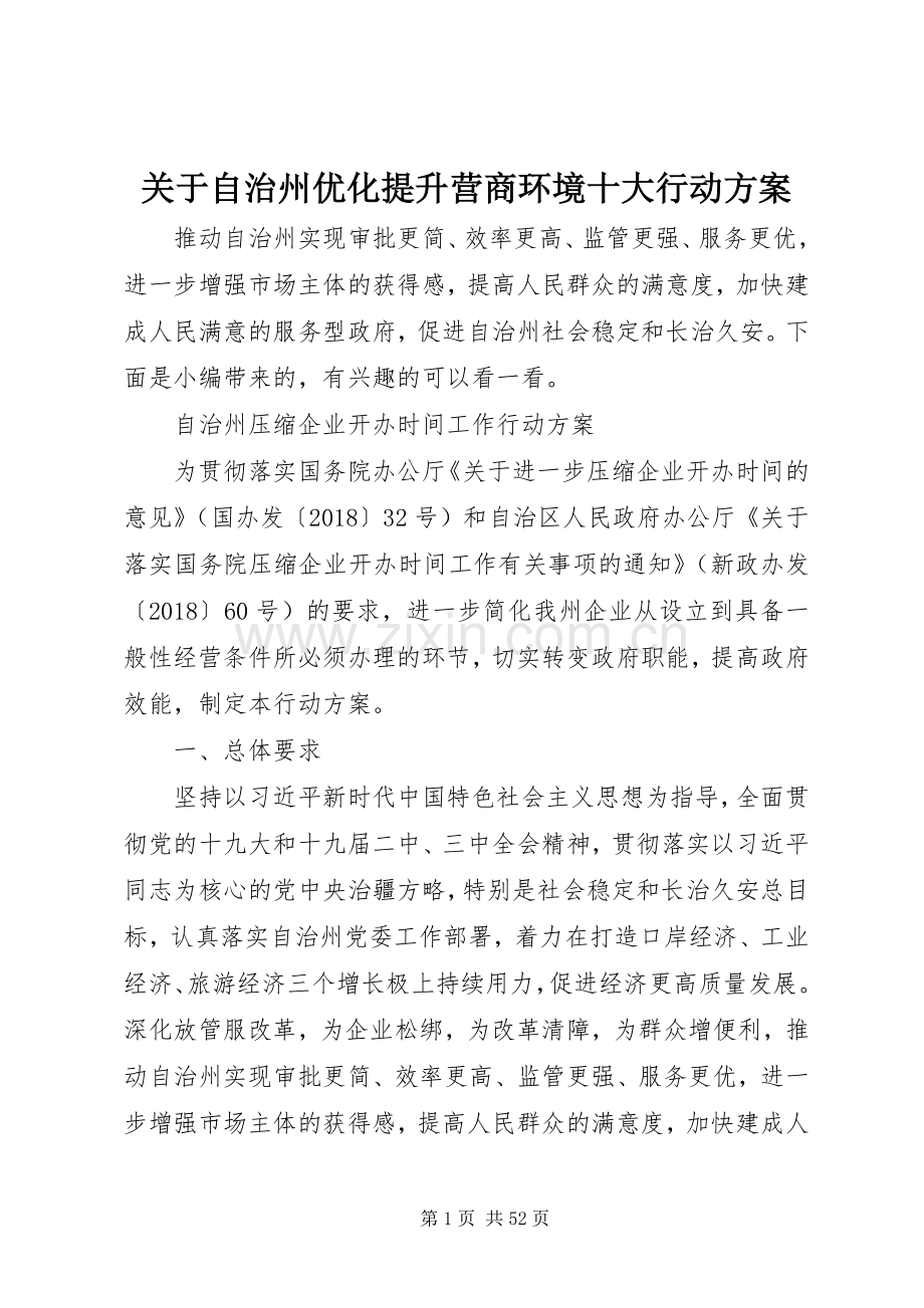 关于自治州优化提升营商环境十大行动实施方案.docx_第1页