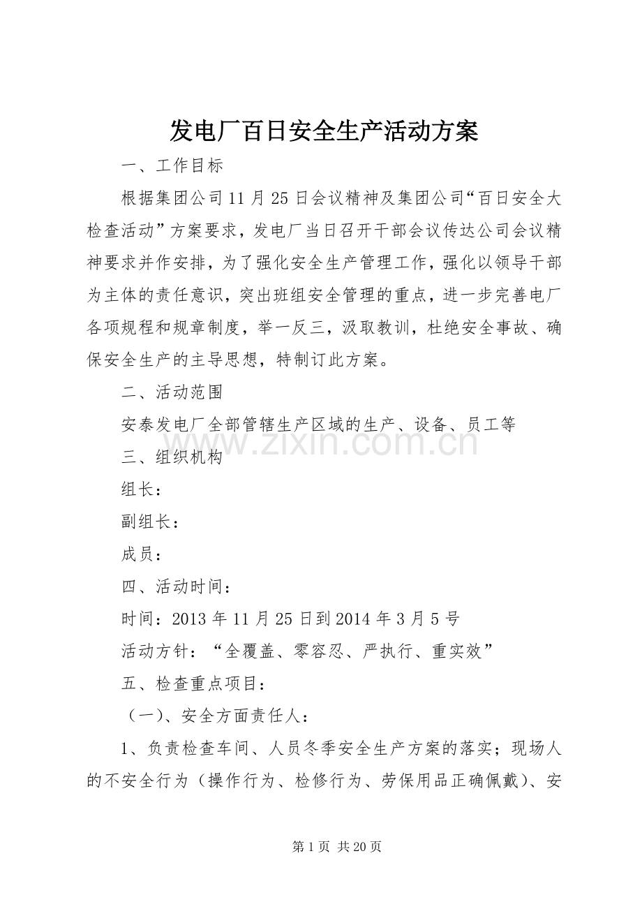 发电厂百日安全生产活动实施方案.docx_第1页