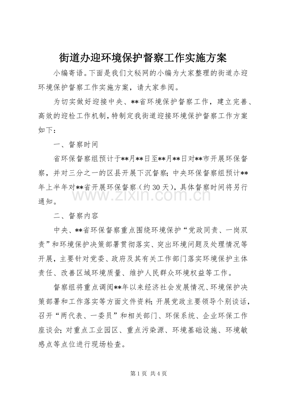 街道办迎环境保护督察工作方案.docx_第1页