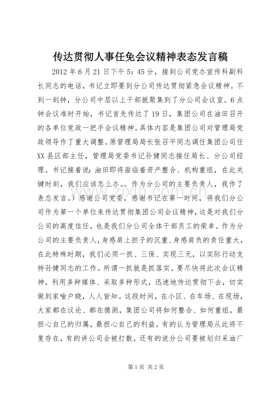 传达贯彻人事任免会议精神表态发言稿.docx_第1页