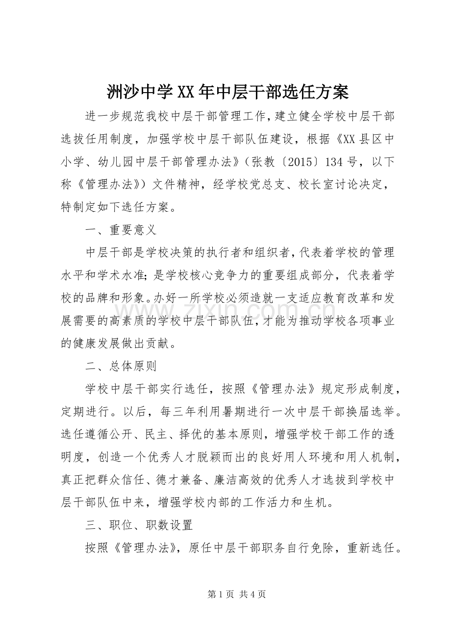 洲沙中学XX年中层干部选任实施方案.docx_第1页