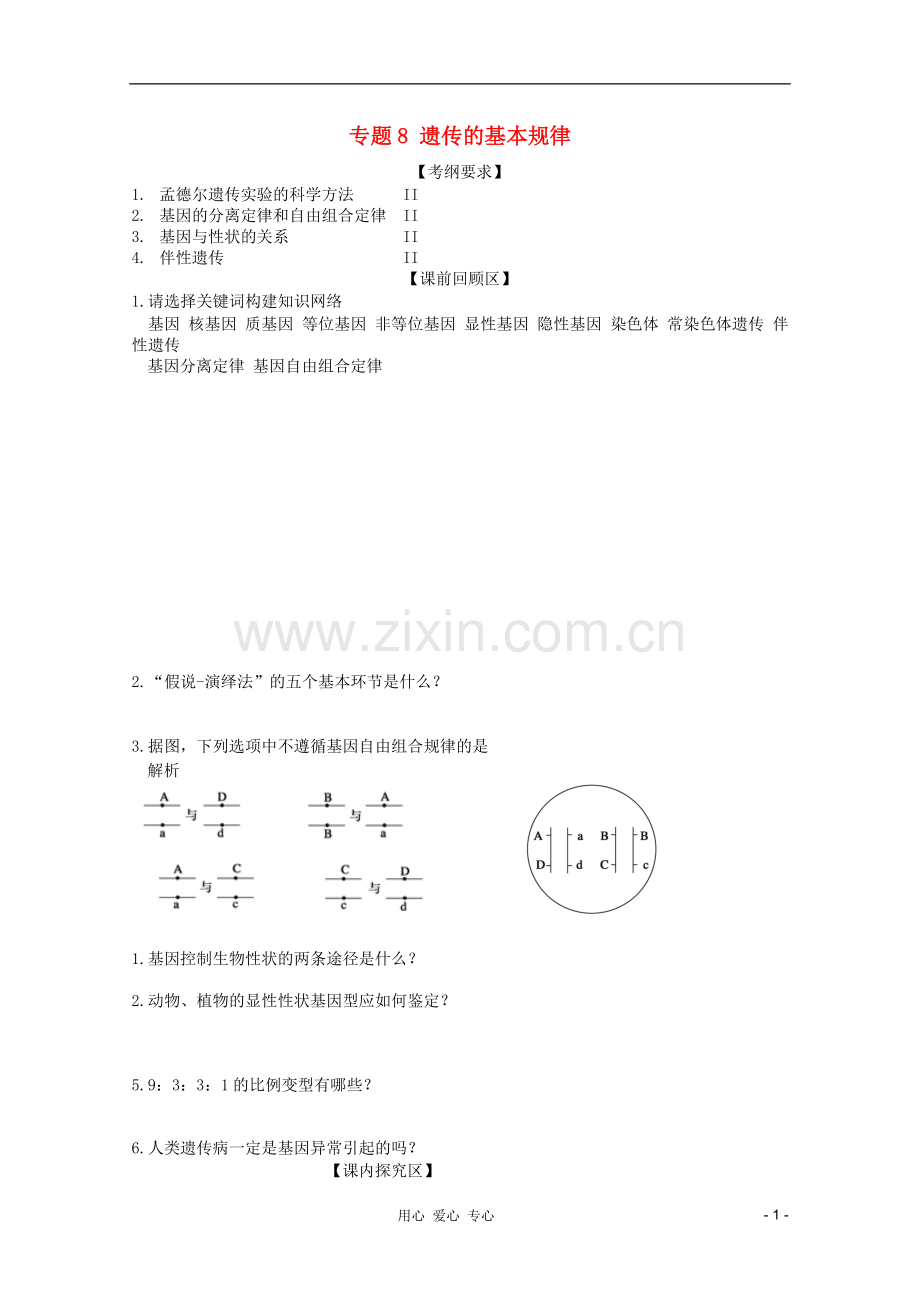 胶南一中高三生物二轮复习-专题8-遗传的基本规律导学案.doc_第1页