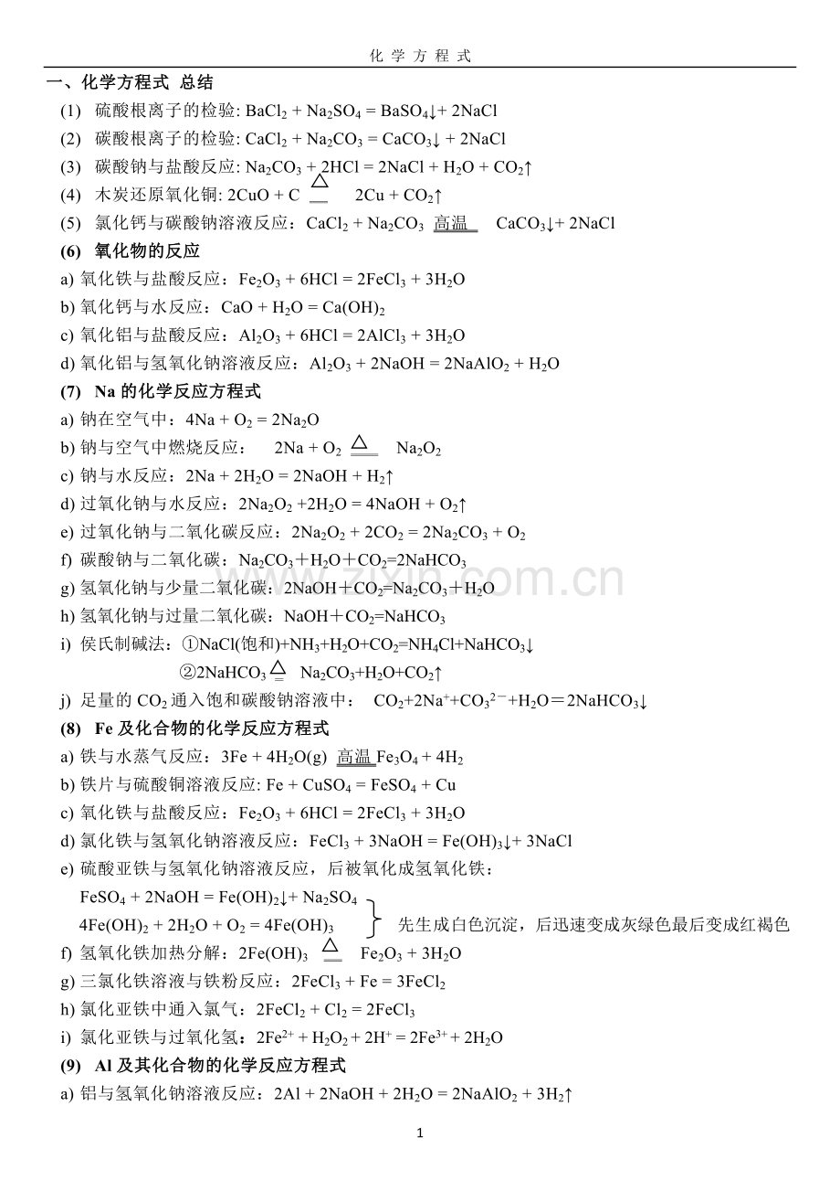 高中化学必修一方程式大全.doc_第1页