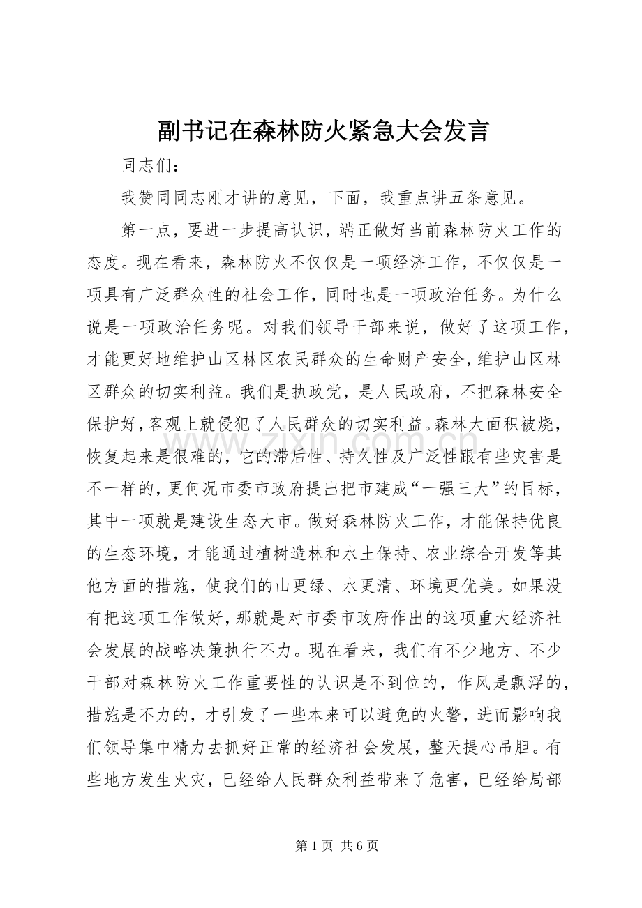 副书记在森林防火紧急大会发言.docx_第1页