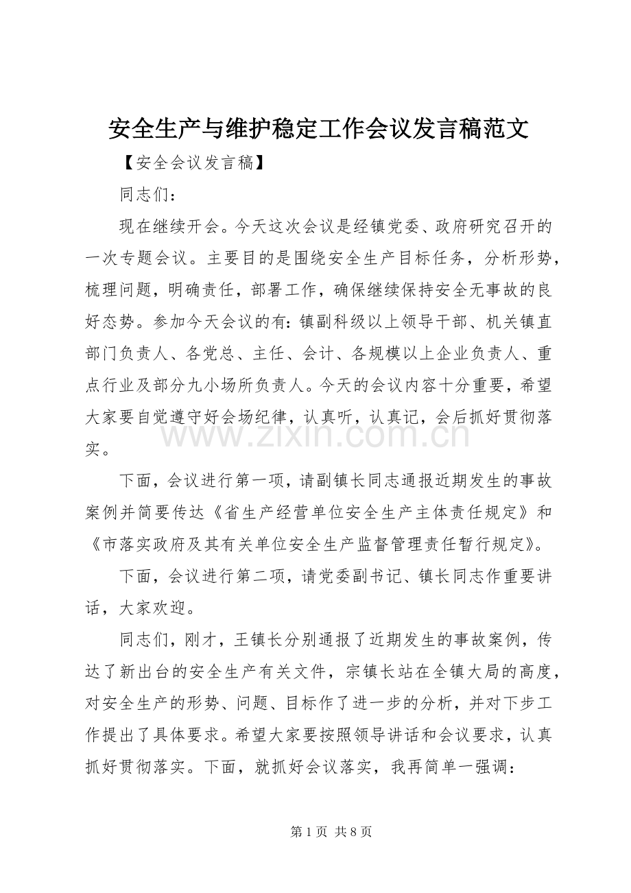 安全生产与维护稳定工作会议发言稿范文.docx_第1页