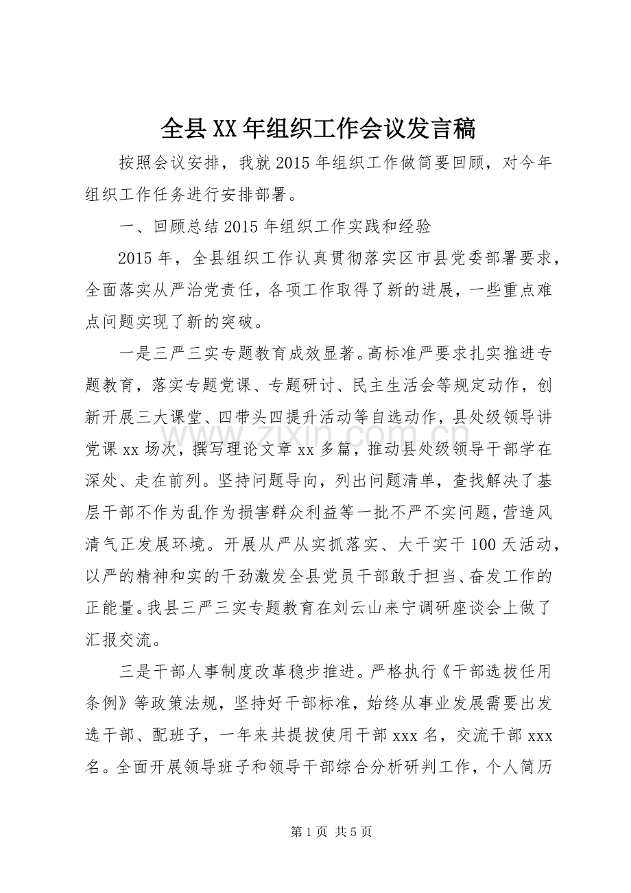 全县XX年组织工作会议发言稿.docx_第1页