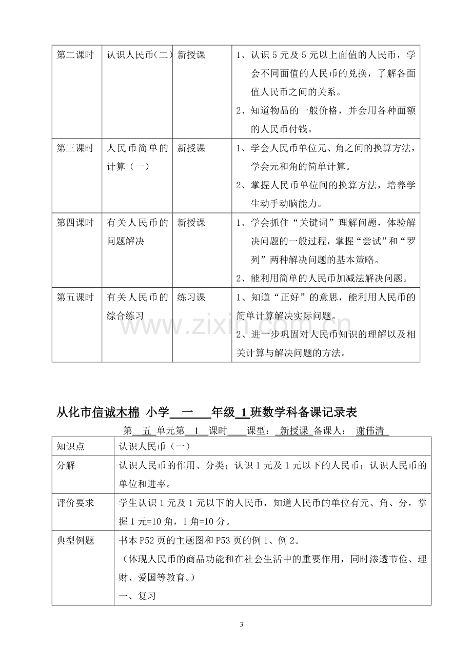 (木棉谢伟清）一年级下册第五单元《认识人民币》单元教学设计.doc_第3页