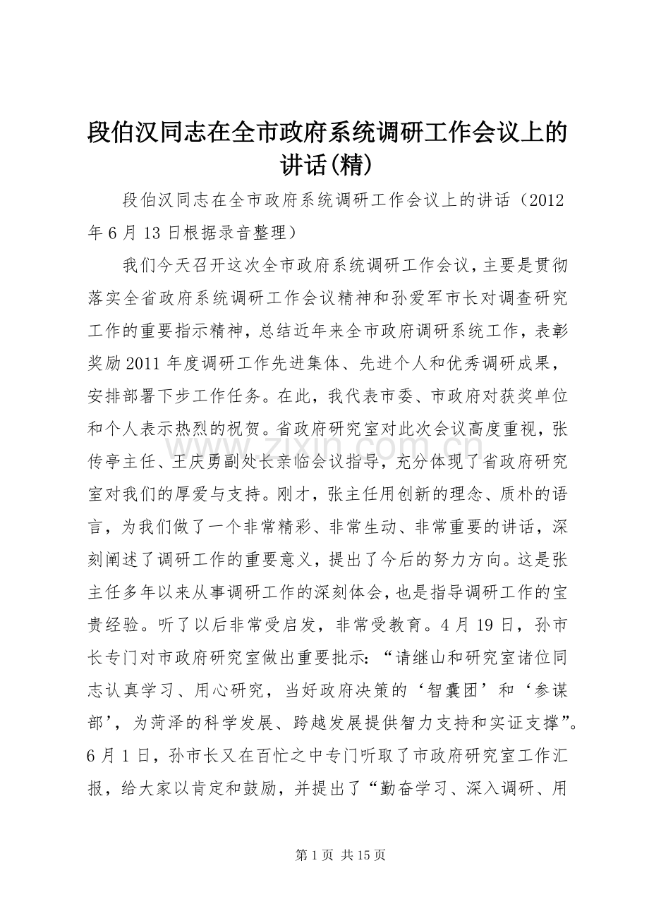 段伯汉同志在全市政府系统调研工作会议上的讲话(精).docx_第1页