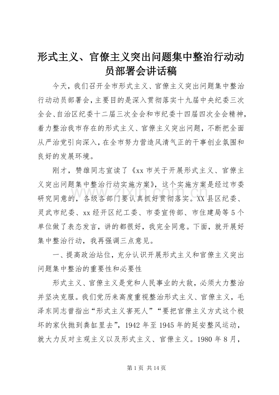 形式主义、官僚主义突出问题集中整治行动动员部署会讲话稿.docx_第1页