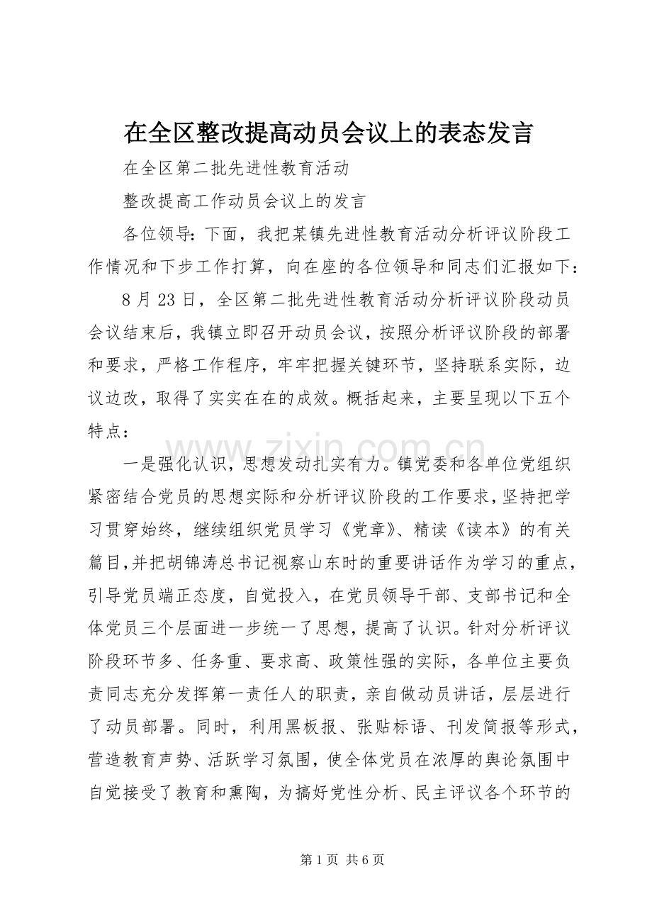 在全区整改提高动员会议上的表态发言稿.docx_第1页