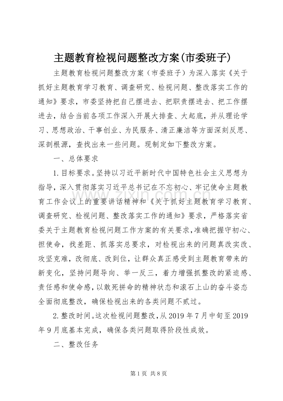 主题教育检视问题整改实施方案(市委班子).docx_第1页