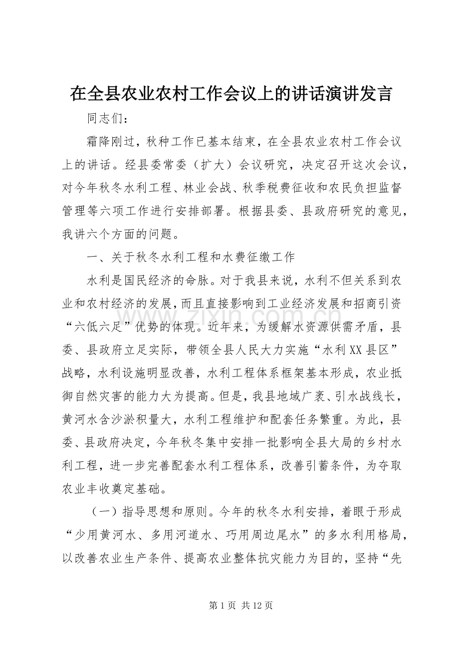 在全县农业农村工作会议上的讲话演讲发言.docx_第1页