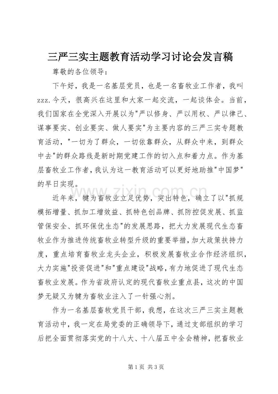 三严三实主题教育活动学习讨论会发言.docx_第1页