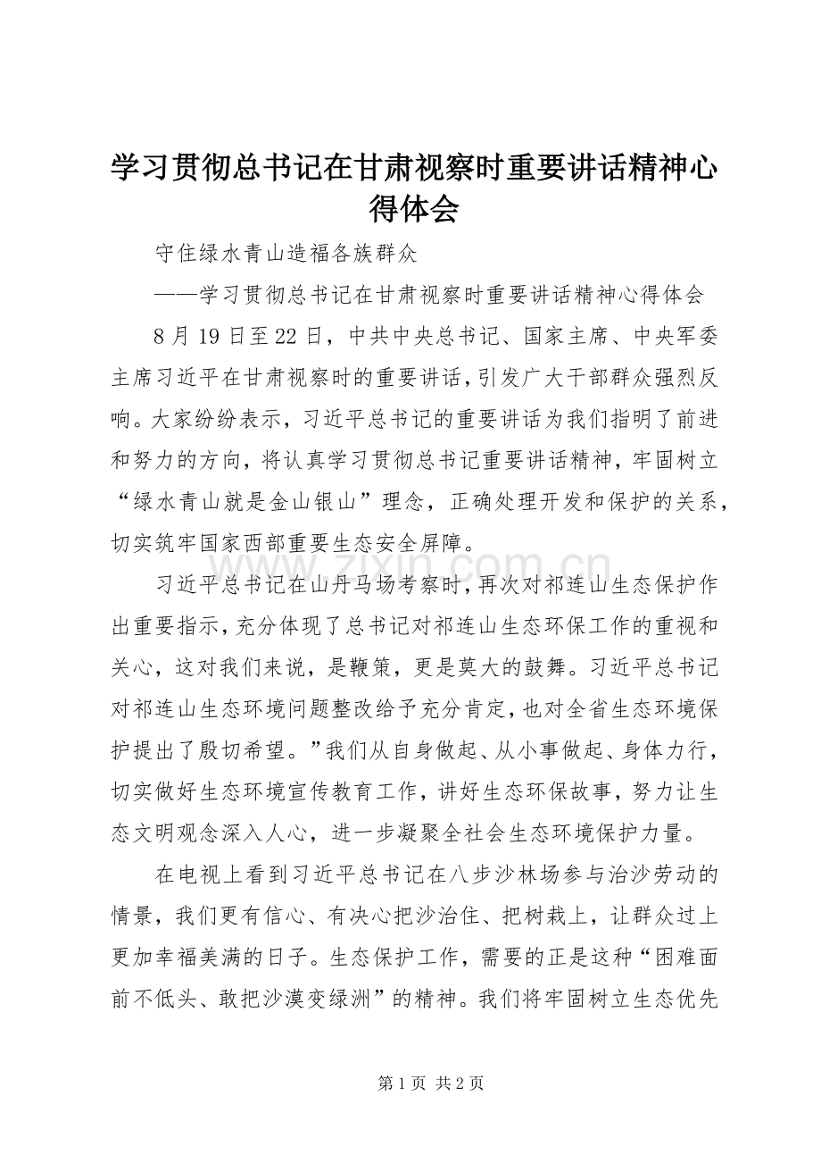 学习贯彻总书记在甘肃视察时重要讲话精神心得体会.docx_第1页