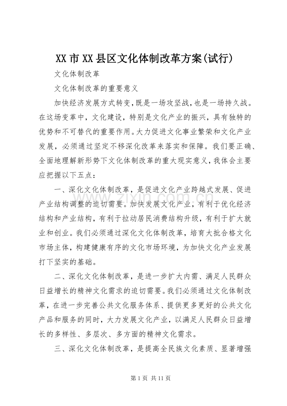 XX市XX县区文化体制改革实施方案(试行).docx_第1页