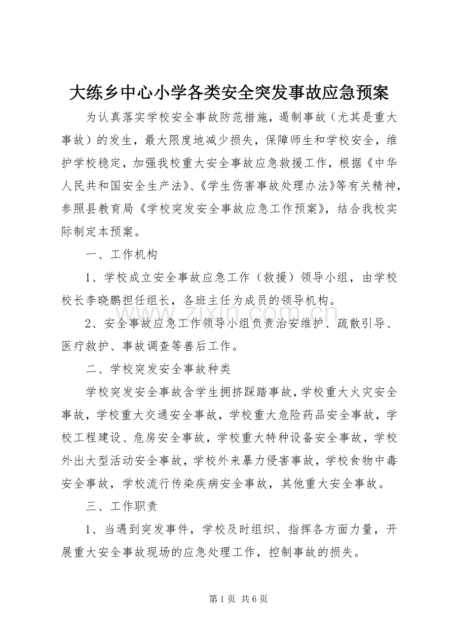 大练乡中心小学各类安全突发事故应急处理预案 .docx_第1页