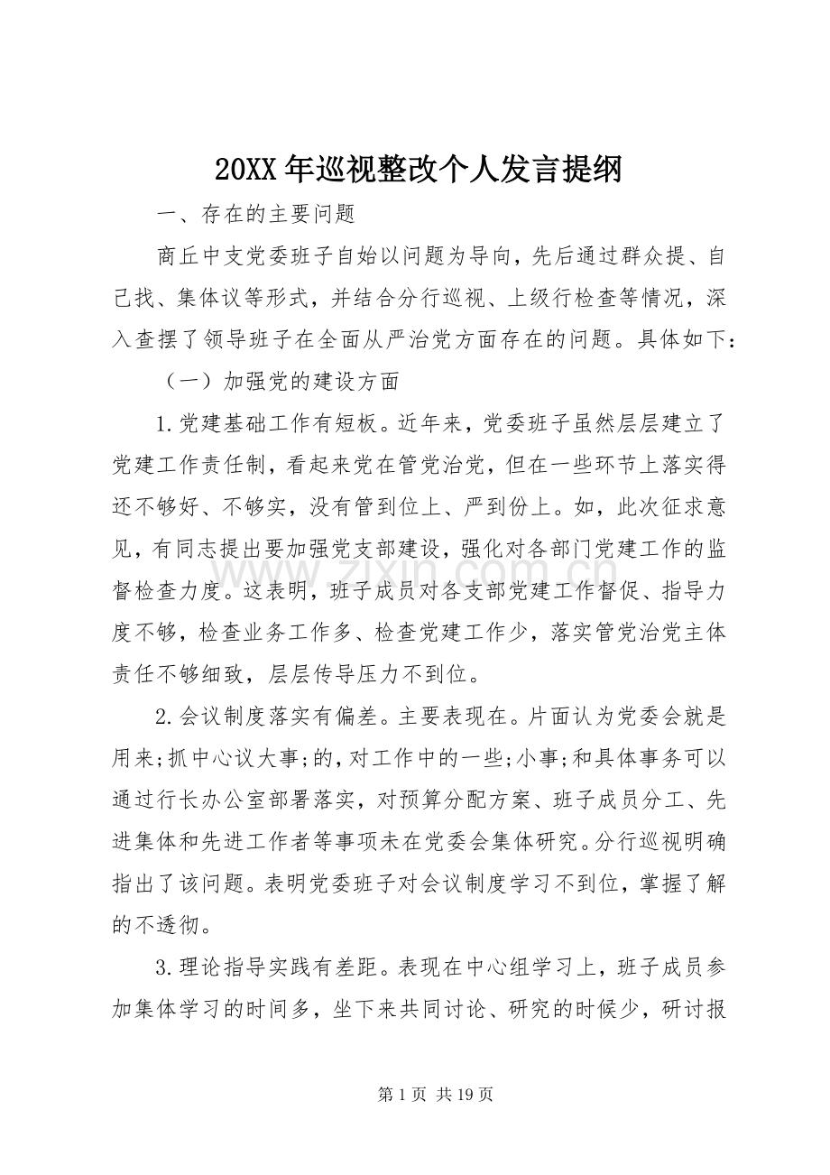 20XX年巡视整改个人发言材料.docx_第1页