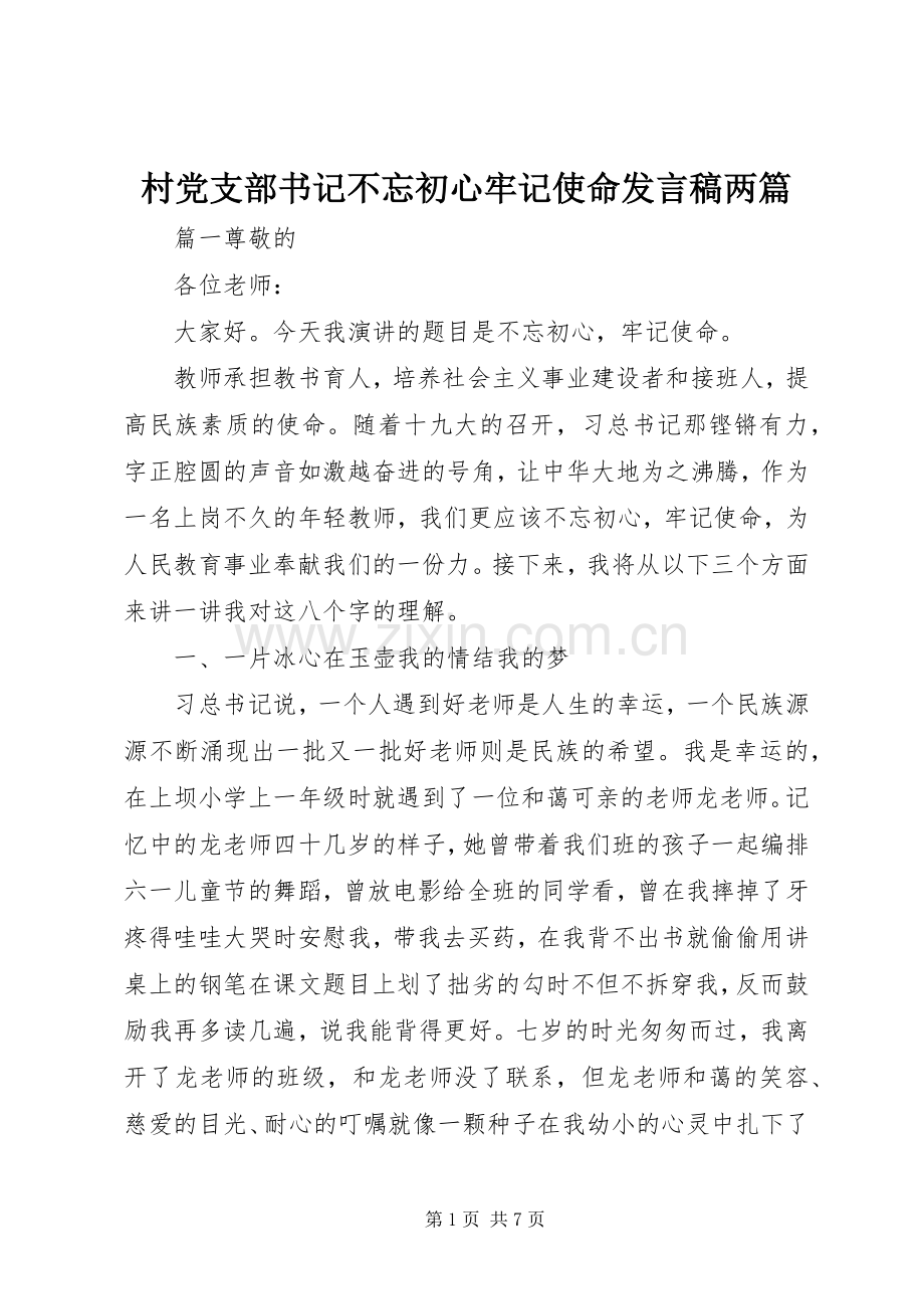 村党支部书记不忘初心牢记使命发言稿两篇.docx_第1页