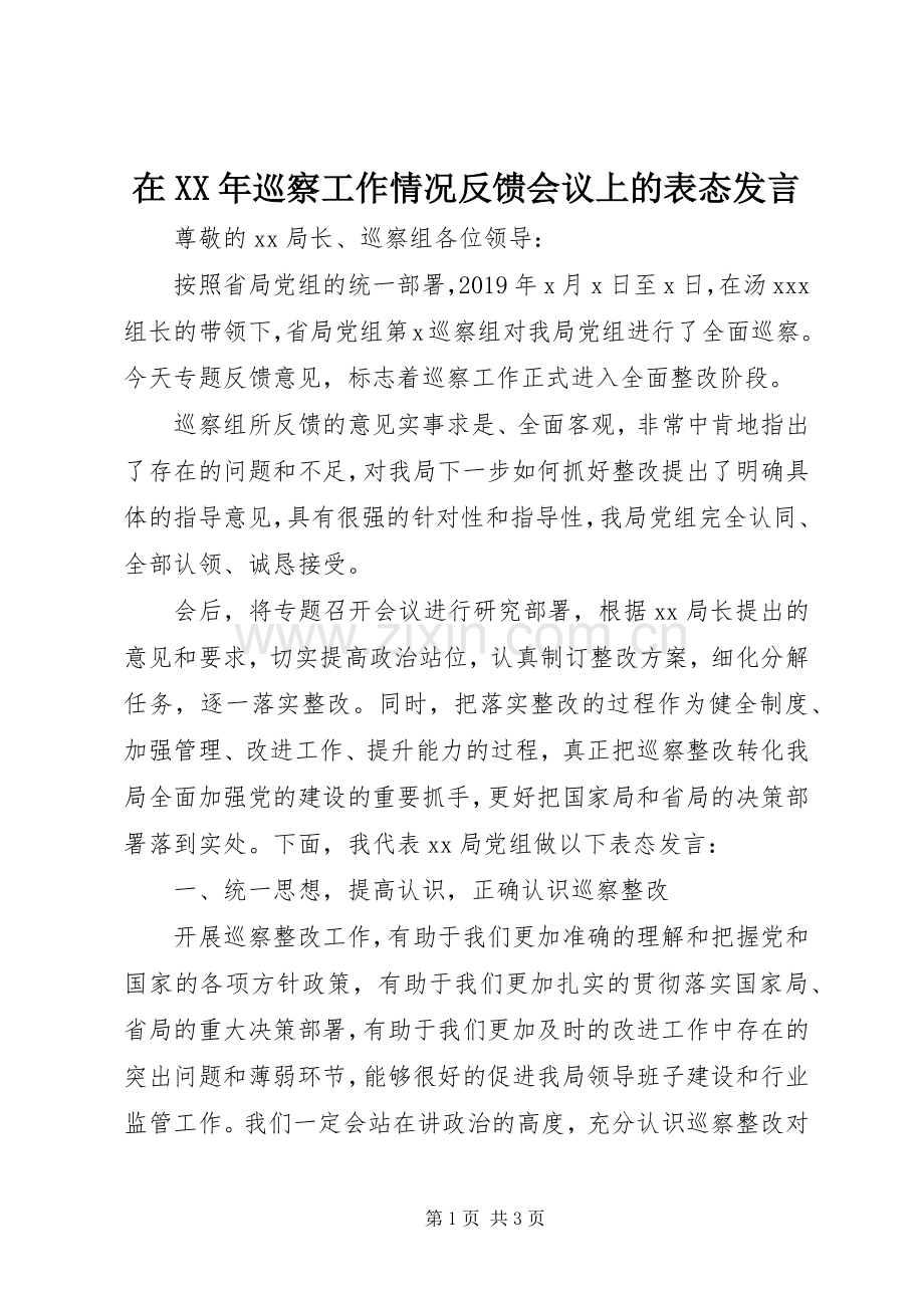 在XX年巡察工作情况反馈会议上的表态发言稿.docx_第1页