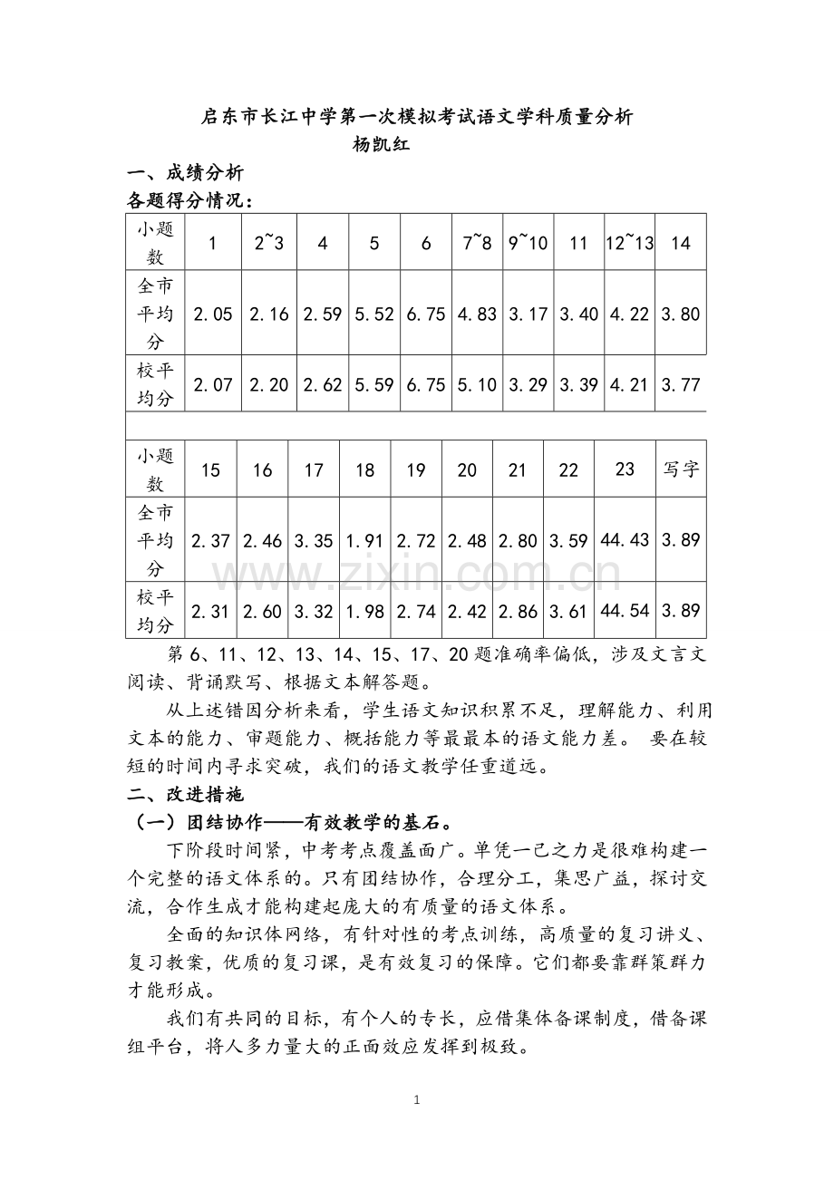 杨凯红启东市长江中学第一次模拟考试语文学科质量分析.doc_第1页