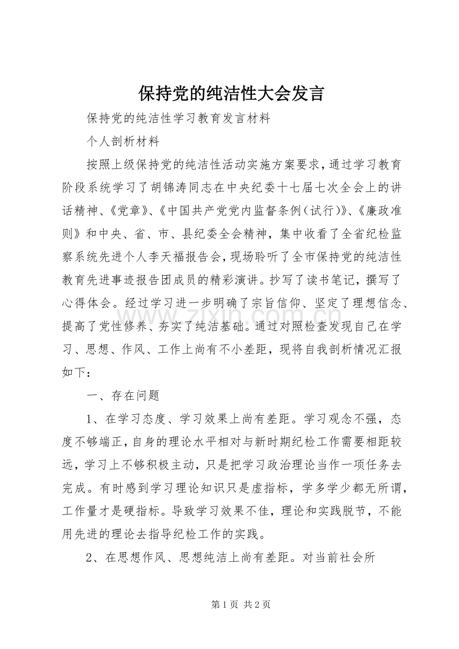 保持党的纯洁性大会发言稿.docx_第1页