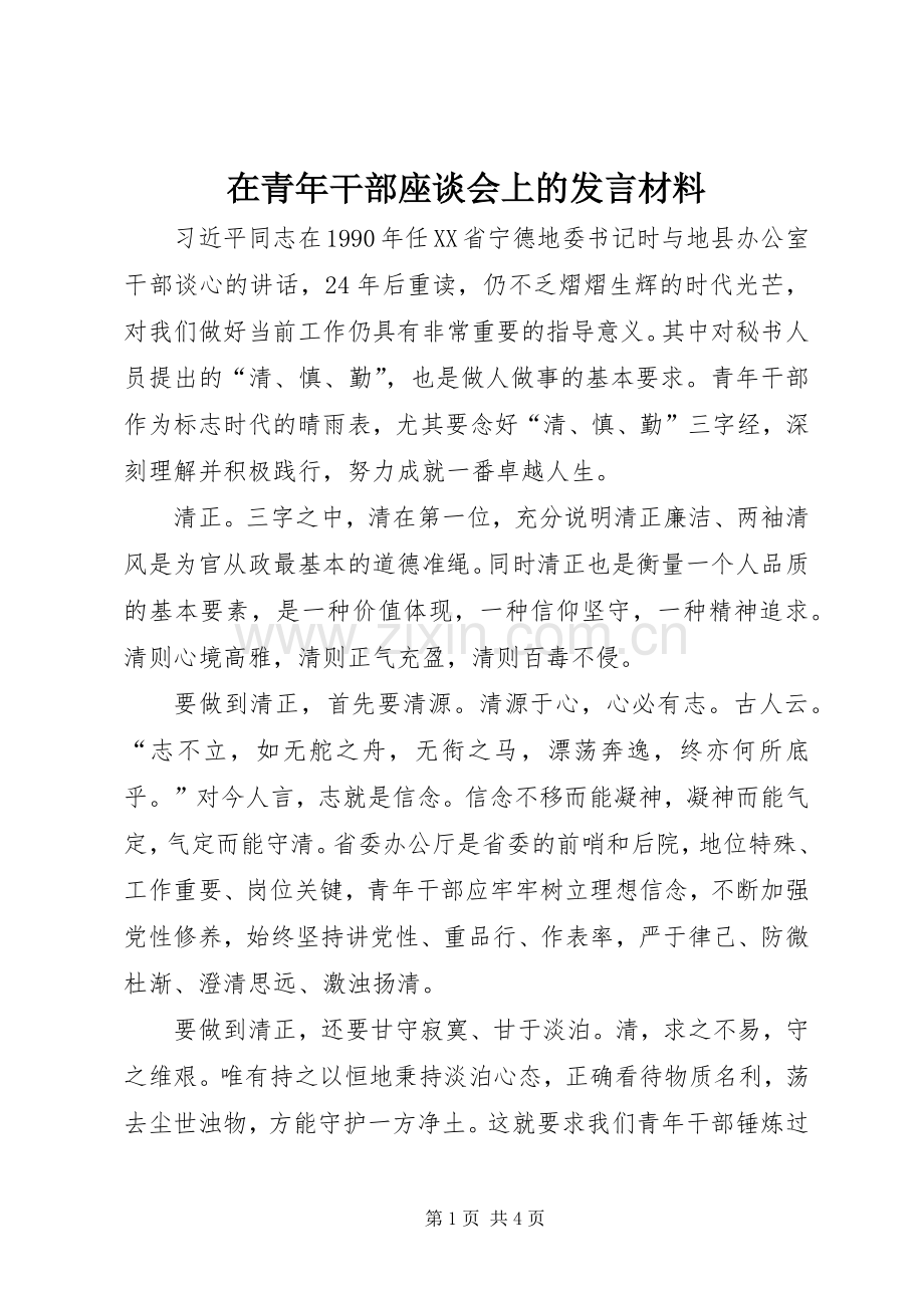 在青年干部座谈会上的发言材料提纲范文.docx_第1页