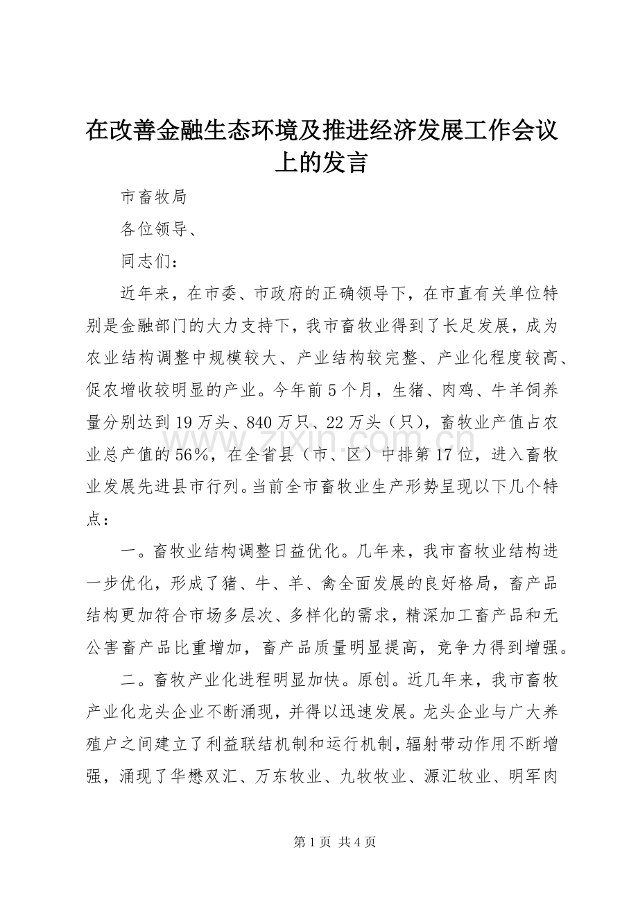 在改善金融生态环境及推进经济发展工作会议上的发言.docx_第1页