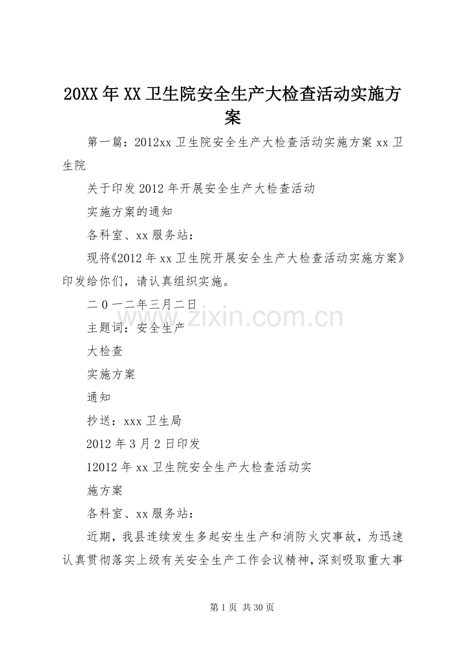 XX年XX卫生院安全生产大检查活动方案.docx_第1页