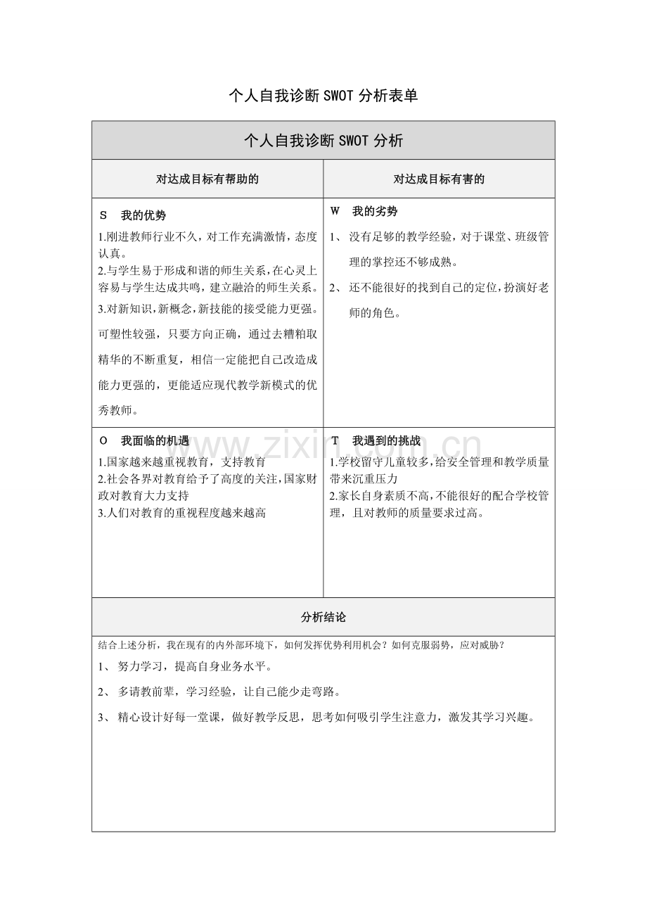 个人自我诊断SWOT分析表田艳霞.doc_第1页