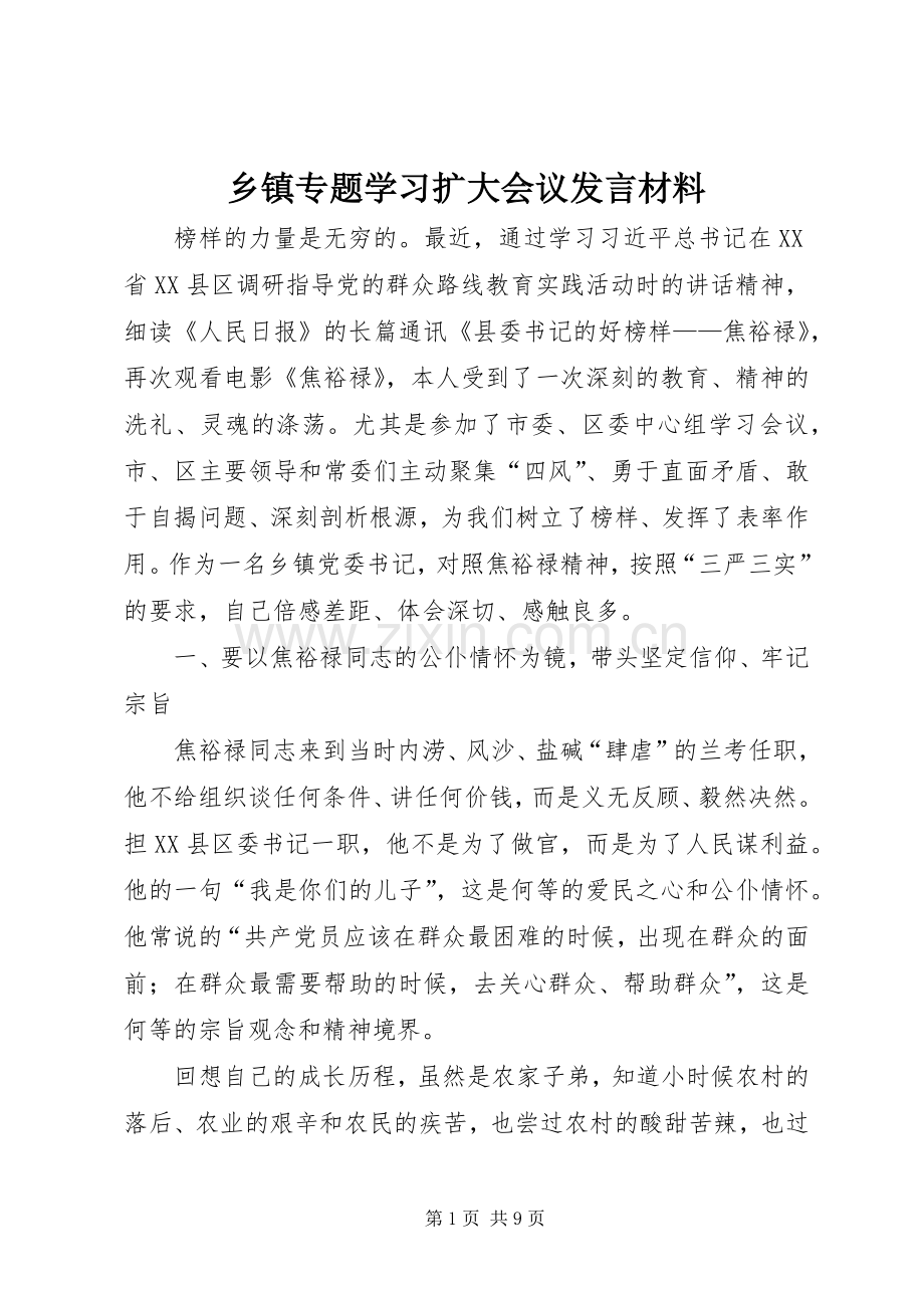 乡镇专题学习扩大会议发言材料提纲.docx_第1页