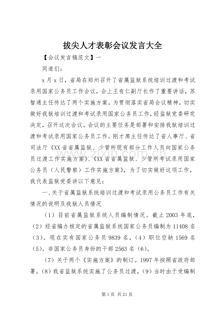 拔尖人才表彰会议发言稿大全.docx_第1页