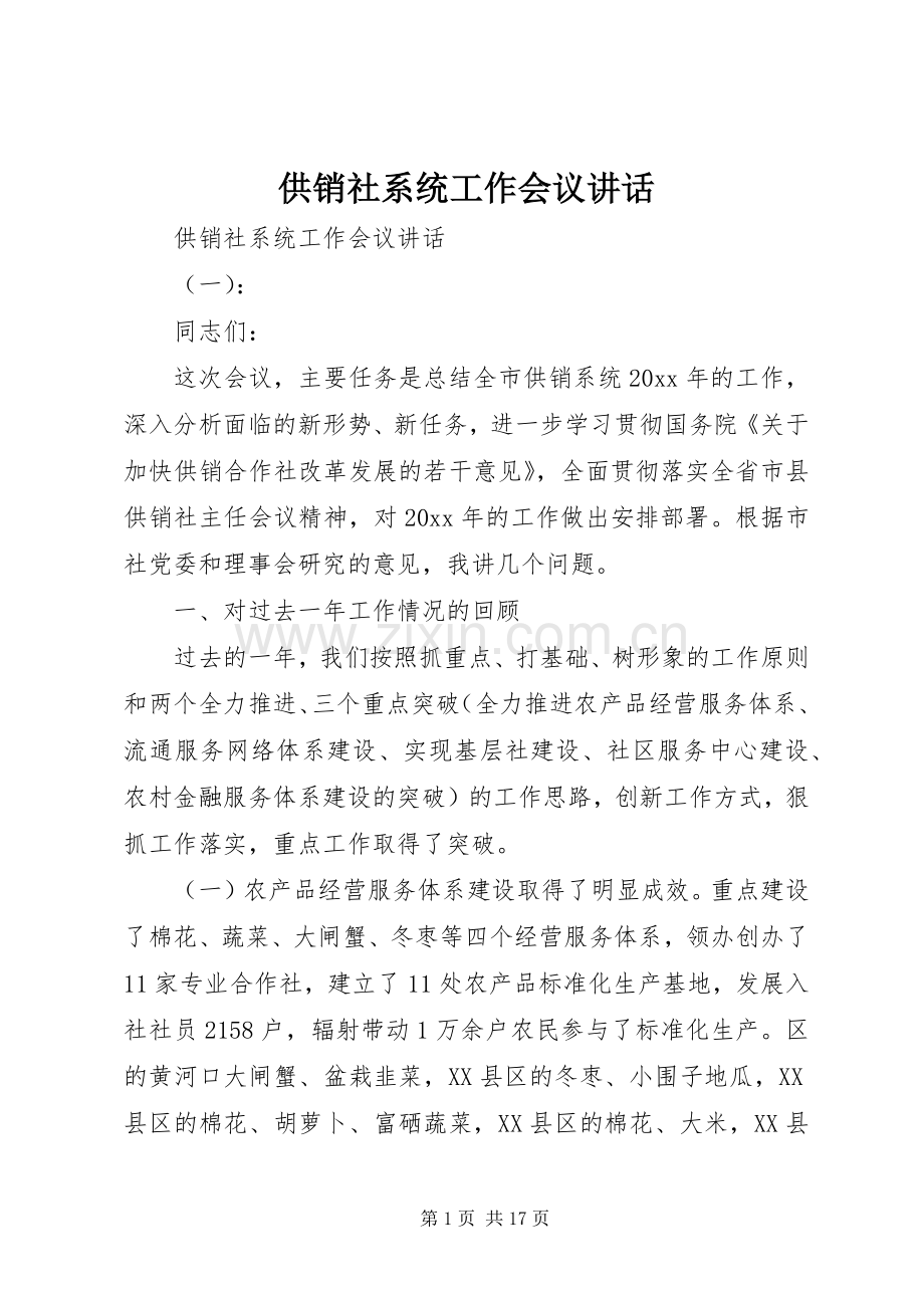 供销社系统工作会议讲话.docx_第1页