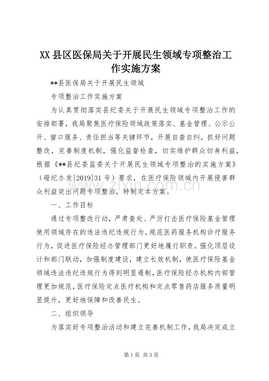 XX县区医保局关于开展民生领域专项整治工作方案.docx_第1页