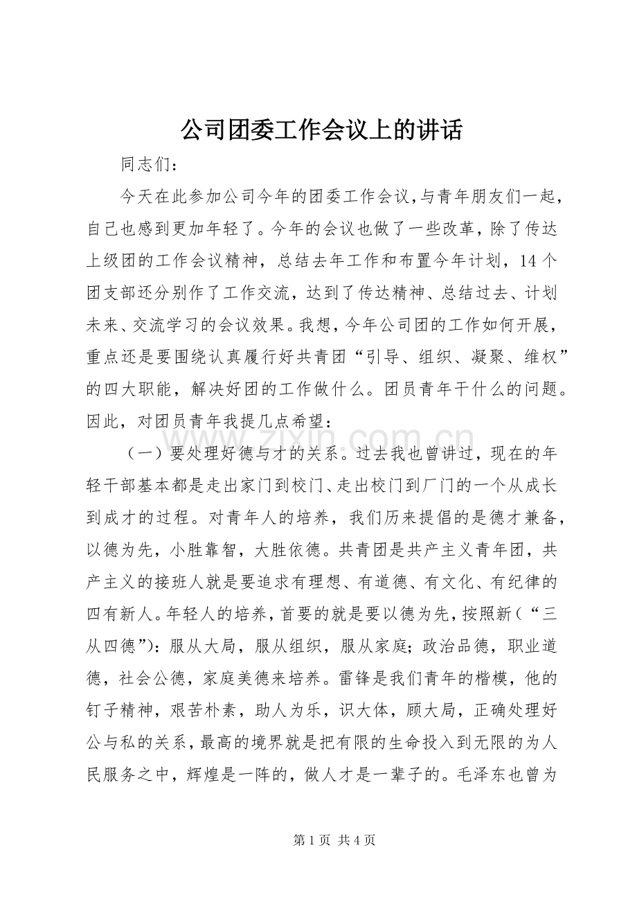 公司团委工作会议上的讲话.docx_第1页