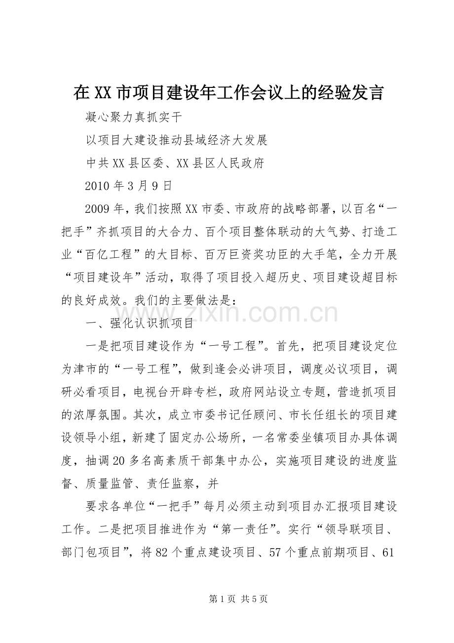 在XX市项目建设年工作会议上的经验发言稿.docx_第1页