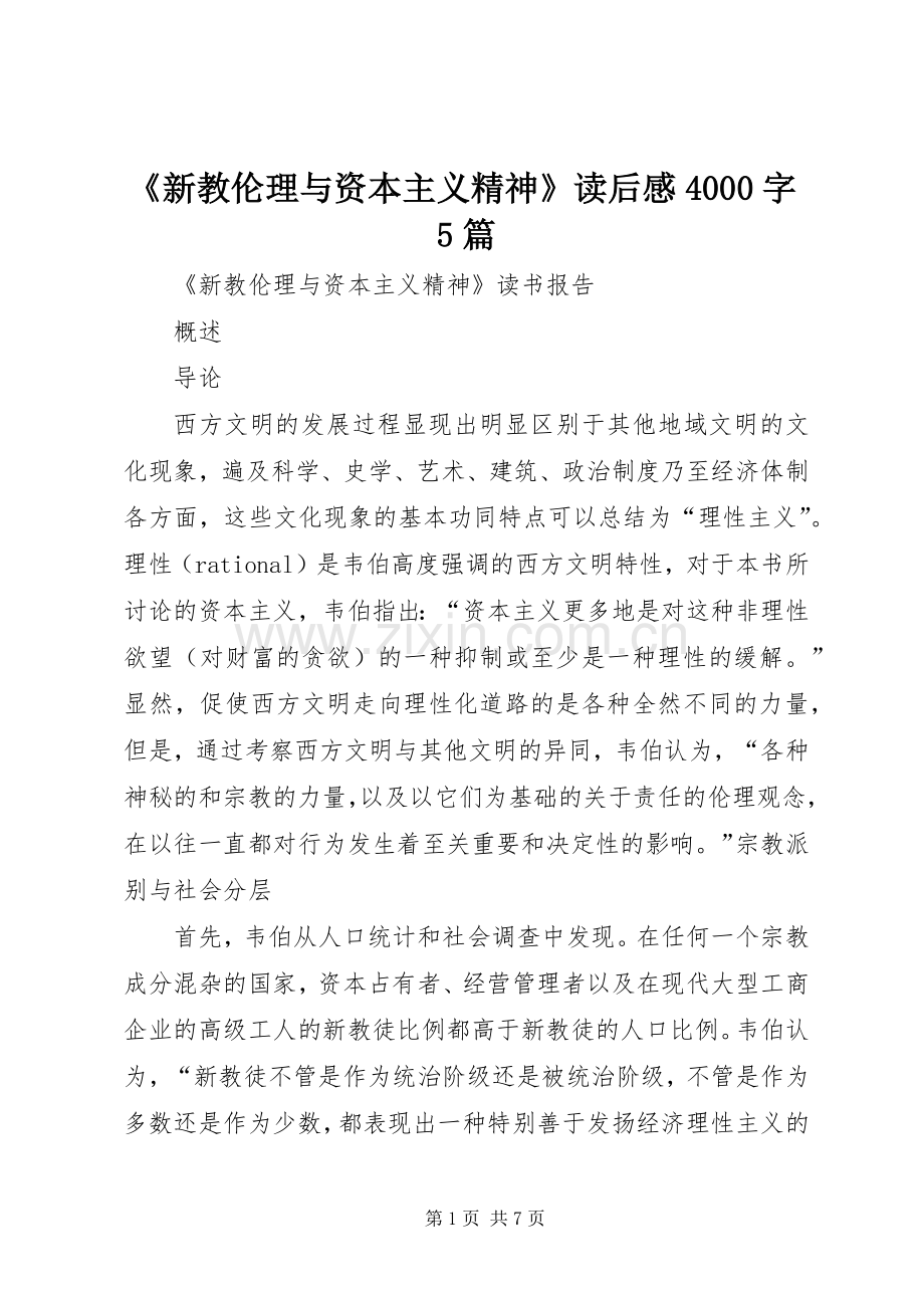 《新教伦理与资本主义精神》读后感4000字5篇 (5).docx_第1页