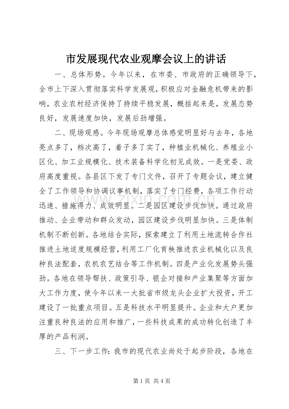 市发展现代农业观摩会议上的讲话.docx_第1页